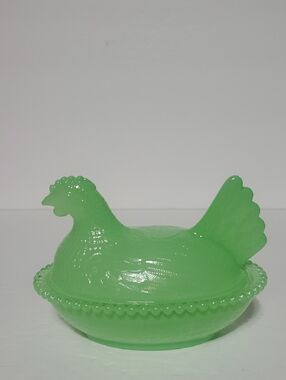 Green Glass Hen on Nest Dish
